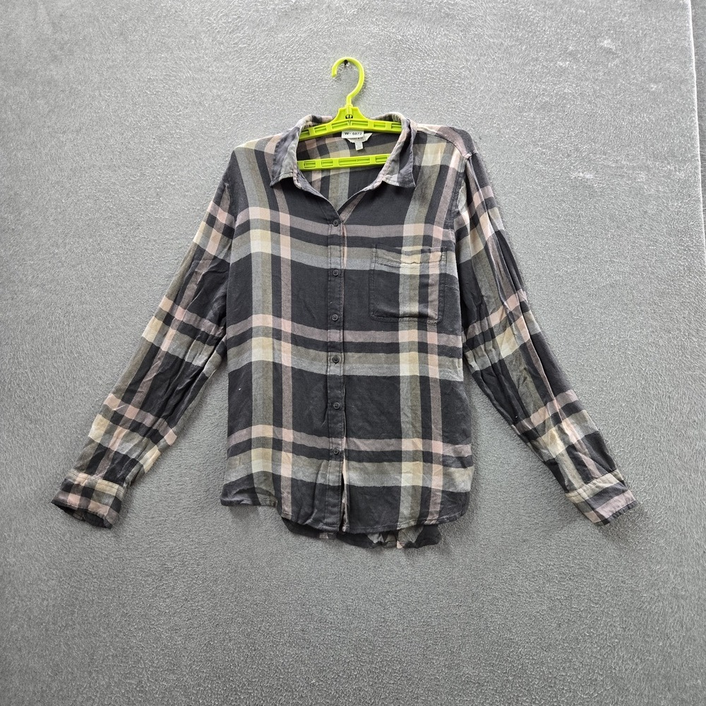 Lucky Brand Women Button Up Shirt XL Gray Plaid Collared Front